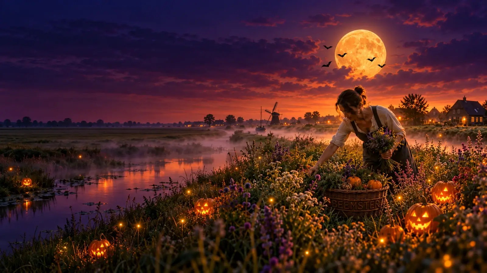CBD producten van een Nederlands familiebedrijf: een vrouw plukt kruiden in de polder onder een volle Halloween maan, tussen pompoenen en vleermuizen